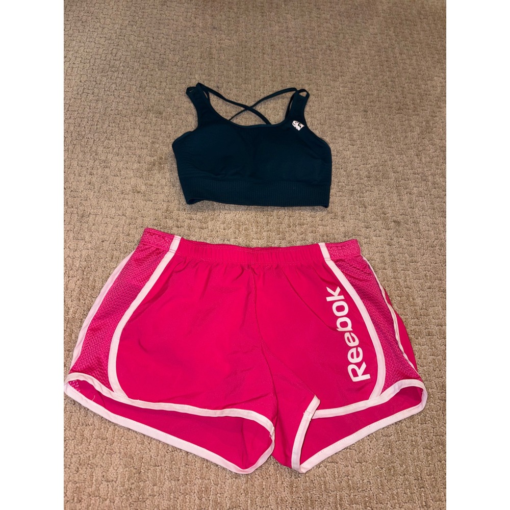 Reebok Pink Running Shorts and Womens Best Teal Sports Bra Activewear Set Small
